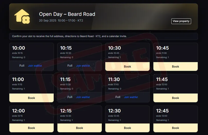 Example of an Open Day booking page