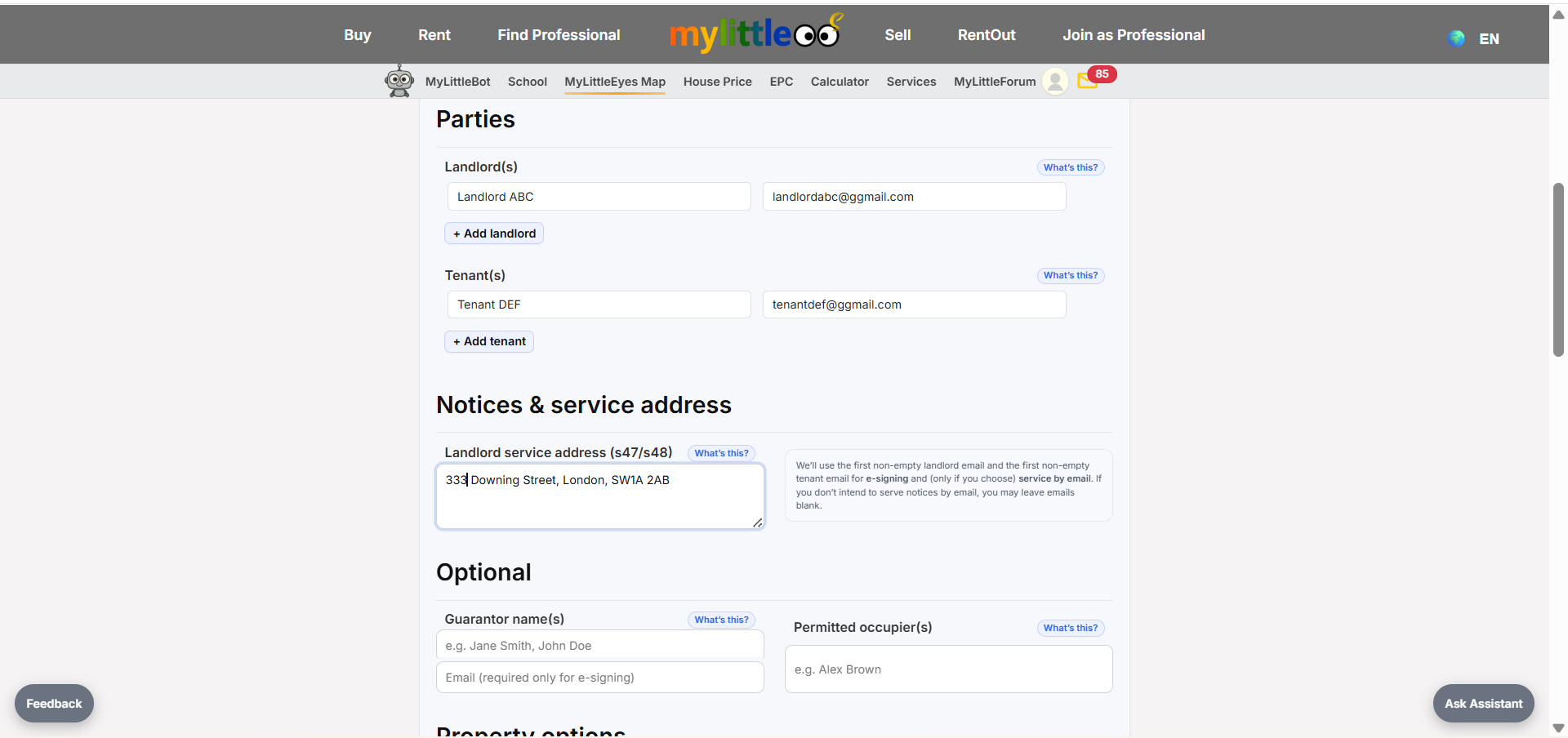 Enter parties and rent terms