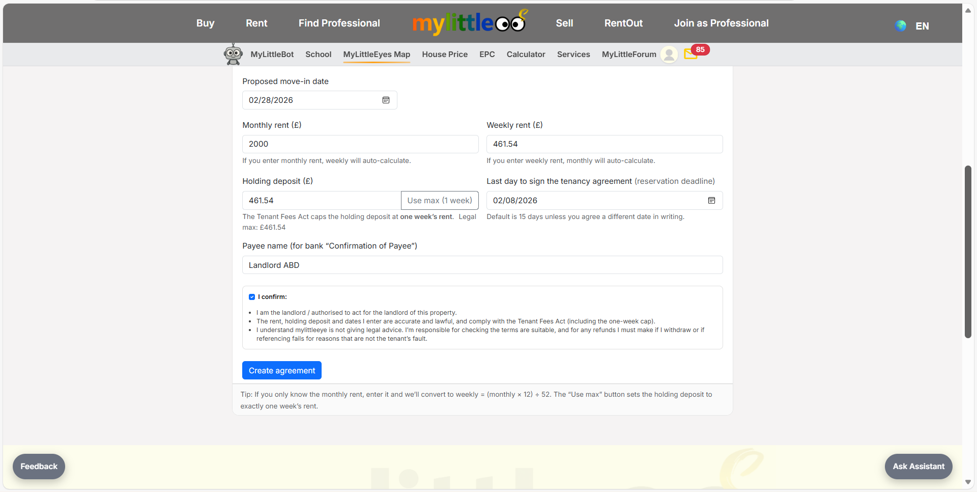 Fill tenant and payment details
