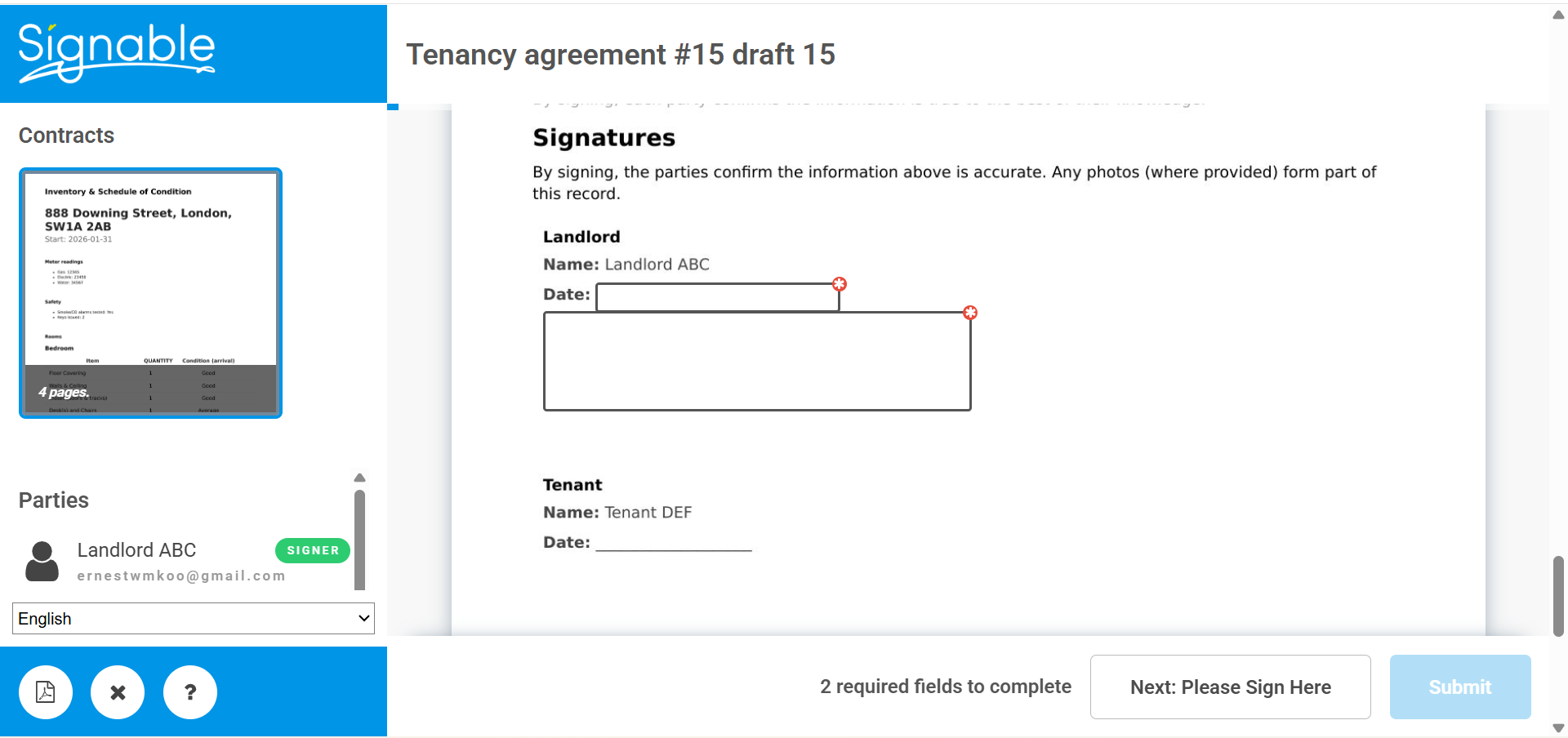 Signable emails parties