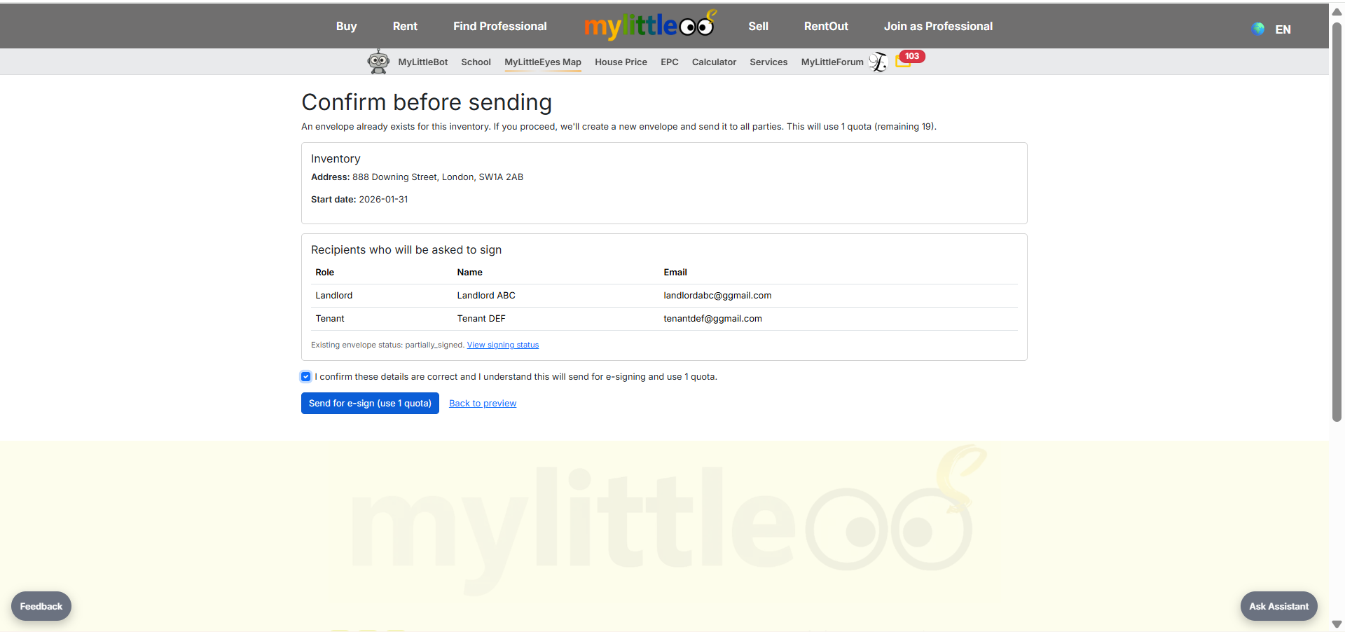 E-sign: confirm recipients