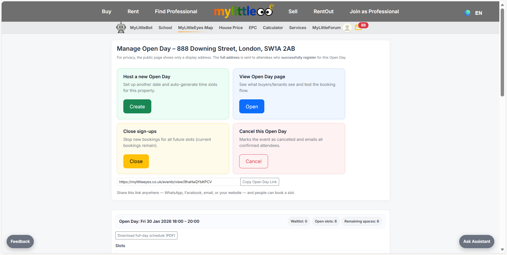 Manage the created open day